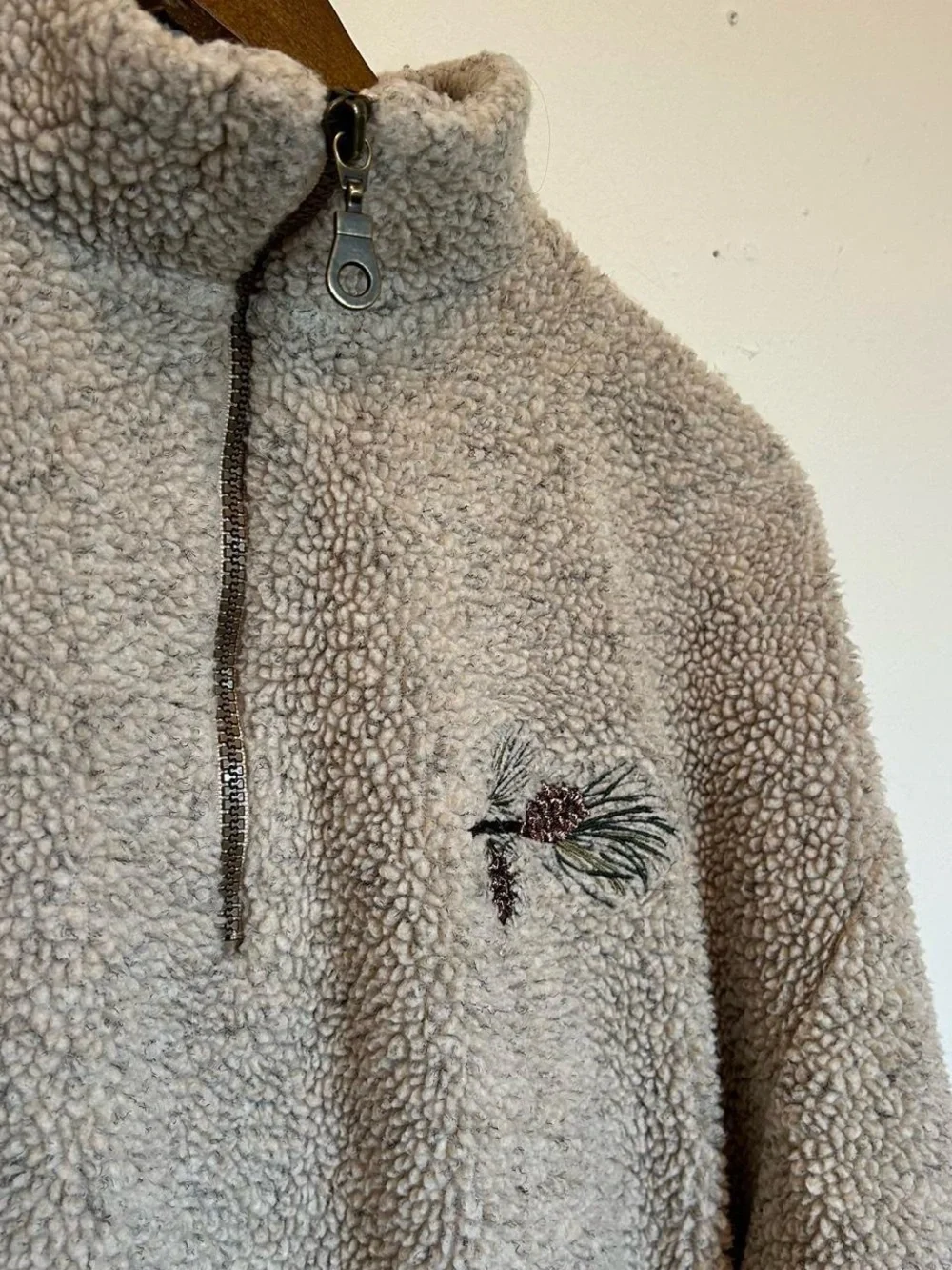 1990s Sherpa Quarter-Zip Sweatshirt in Tan - Pine Needle Embroidery